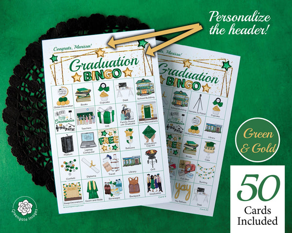 Graduation Bingo - Green and Gold - Printable Digital Download by Greengate Images