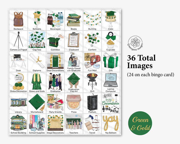 Graduation Bingo - Green and Gold - Printable Digital Download by Greengate Images
