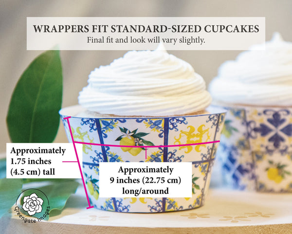 Lemons and Blue Tile Cupcake Wrapper Duo - Printable Digital Download by Greengate Images
