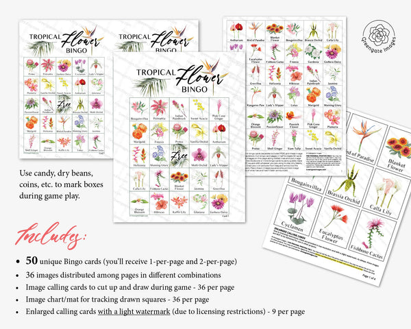 Tropical Flower Bingo - Printable Digital Download by Greengate Images