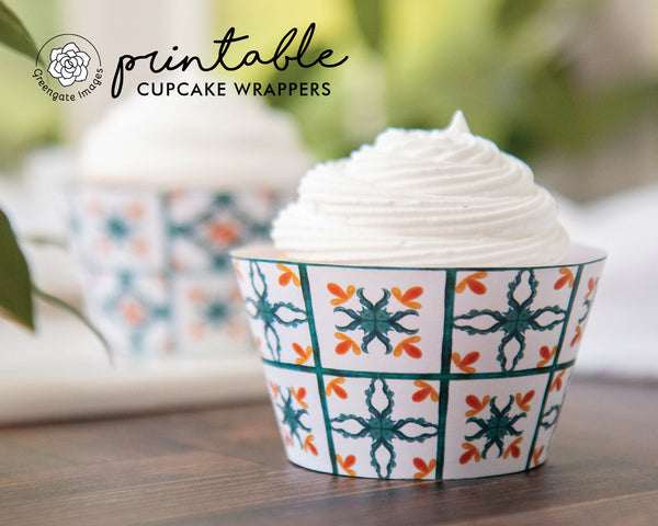 Oranges and Teal Tile Cupcake Wrapper Duo - Printable Digital Download by Greengate Images