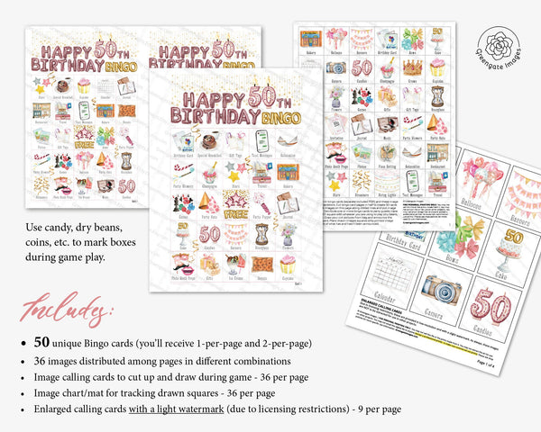50th Birthday Bingo - 50 PRINTABLE unique cards. Instant digital download PDF. Blush, rose pink tones with watercolor art. Woman's birthday.