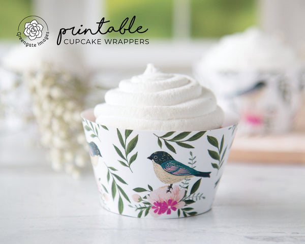 Birds & Flowers Cupcake Wrapper - Printable Digital Download by Greengate Images
