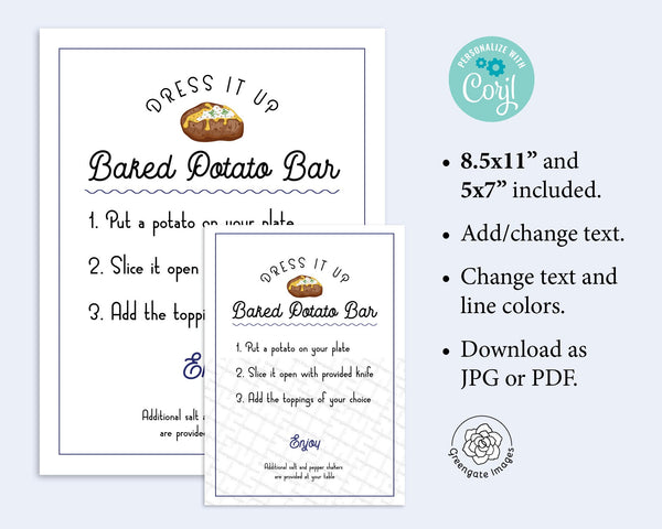 Baked Potato Bar Sign - Printable Digital Download by Greengate Images