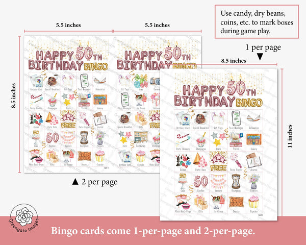 50th Birthday Bingo - Blush Pink and Gold - Printable Digital Download by Greengate Images