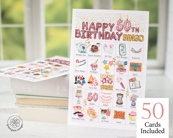 50th Birthday Bingo - Blush Pink and Gold - Printable Digital Download by Greengate Images