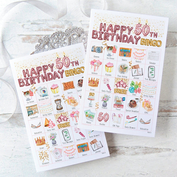 50th Birthday Bingo - Blush Pink and Gold - Printable Digital Download by Greengate Images