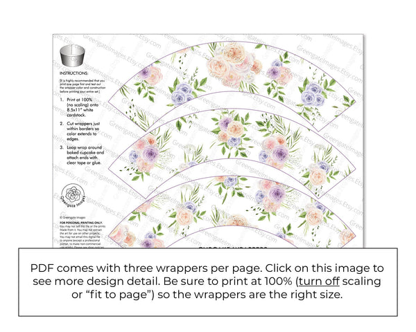 Peach/Lavender Roses Cupcake Wrappers - Printable Digital Download by Greengate Images