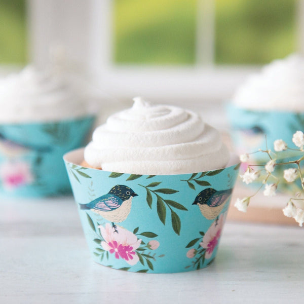 Birds & Flowers Cupcake Wrapper - Aqua - Printable Digital Download by Greengate Images