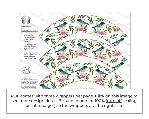 Birds & Flowers Cupcake Wrapper - Printable Digital Download by Greengate Images