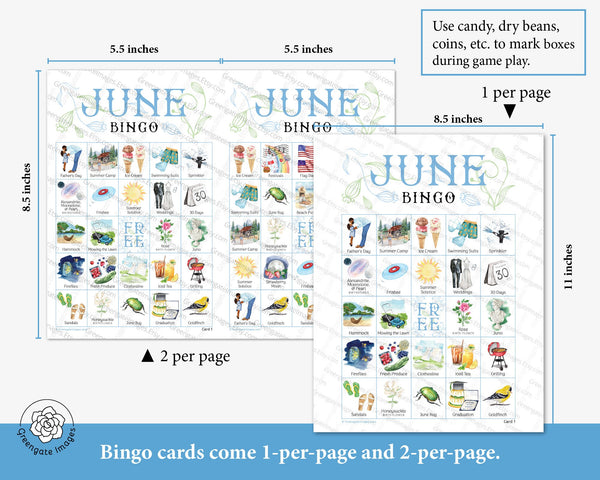 June Bingo - 50 PRINTABLE unique cards. Instant digital download PDF. Fun activity for June birthdays, Flag Day, summer potlucks, picnics.