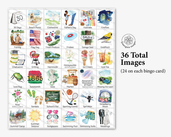 June Bingo - 50 PRINTABLE unique cards. Instant digital download PDF. Fun activity for June birthdays, Flag Day, summer potlucks, picnics.