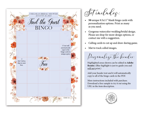FILLABLE Bingo Template - Fall/Burnt Orange Flowers - Printable Digital Download by Greengate Images