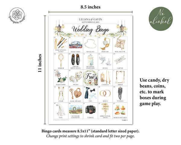 Wedding Bingo Cards - 100 card, NO alcohol references, personalization - Printable Digital Download by Greengate Images