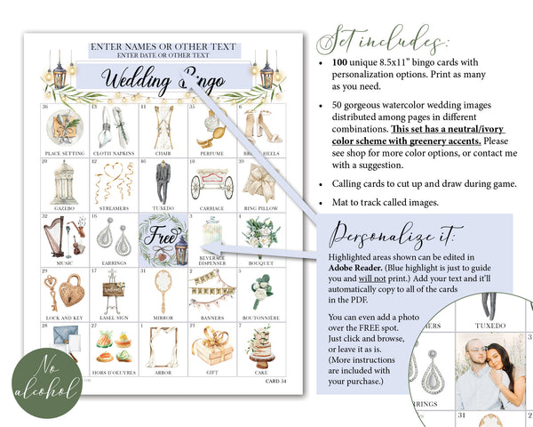 Wedding Bingo Cards - 100 card, NO alcohol references, personalization - Printable Digital Download by Greengate Images