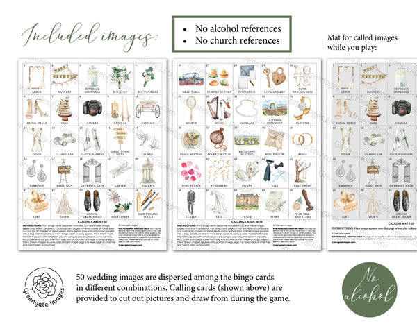 Wedding Bingo Cards - 100 card, NO alcohol references, personalization - Printable Digital Download by Greengate Images