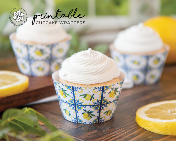 Lemons and Blue Tile Cupcake Wrapper - Printable Digital Download by Greengate Images