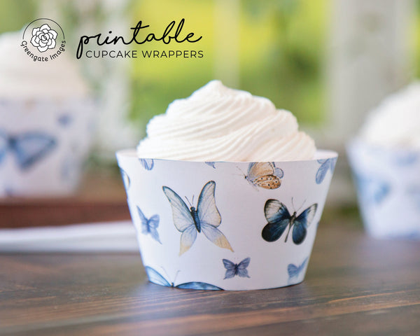 Blue Butterfly Cupcake Wrappers - PRINTABLE instant digital download PDF. Watercolor art for bridal showers, birthdays, weddings, spring.