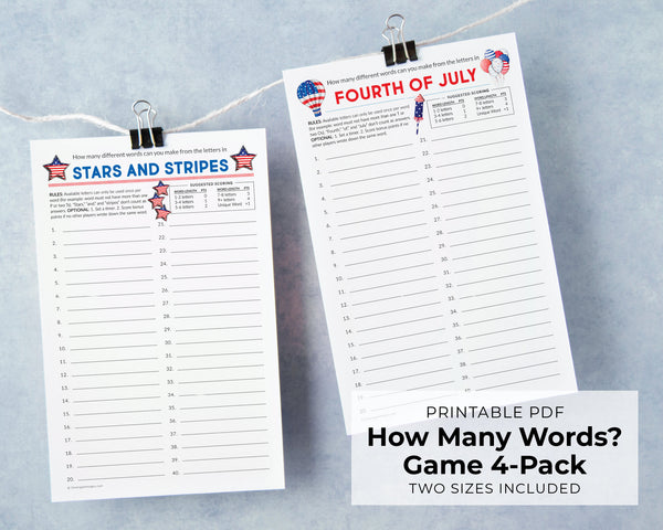 Patriotic Activity - PRINTABLE download "How many words?" 4-pack PDF. Cute fun word games for guests, adults & older kids. Colorful artwork.