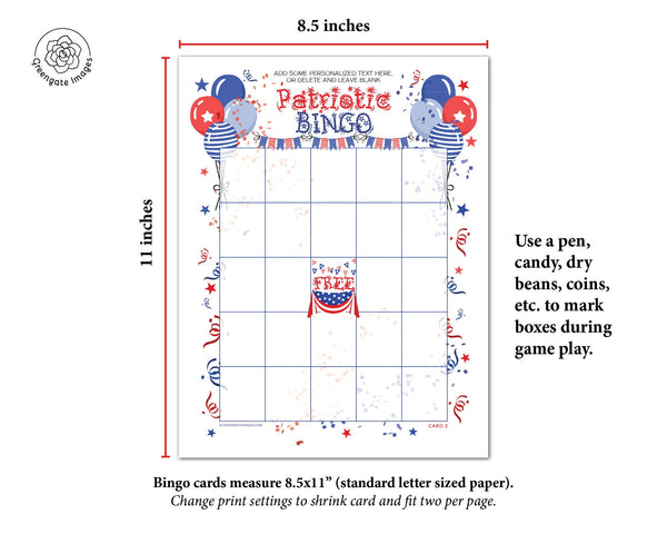 FILLABLE Patriotic Bingo Template - Printable Digital Download by Greengate Images