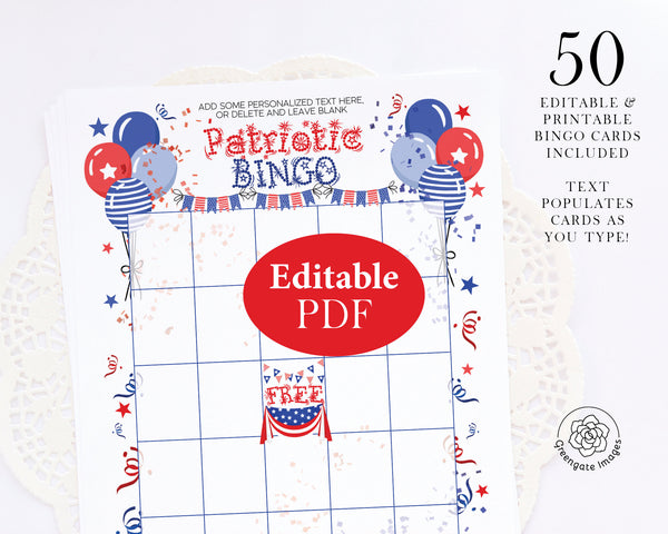 FILLABLE Patriotic Bingo Template - Printable Digital Download by Greengate Images