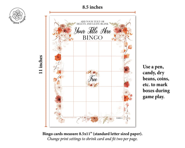FILLABLE Bingo Template - Fall/Burnt Orange Flowers - Printable Digital Download by Greengate Images