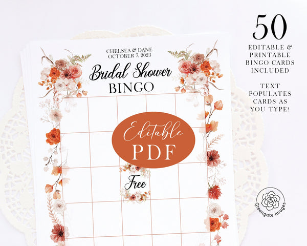 FILLABLE Bingo Template - Fall/Burnt Orange Flowers - Printable Digital Download by Greengate Images