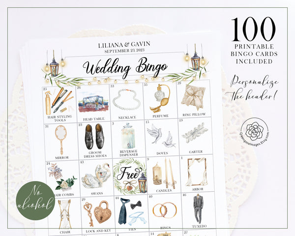 Wedding Bingo Cards - 100 card, NO alcohol references, personalization - Printable Digital Download by Greengate Images