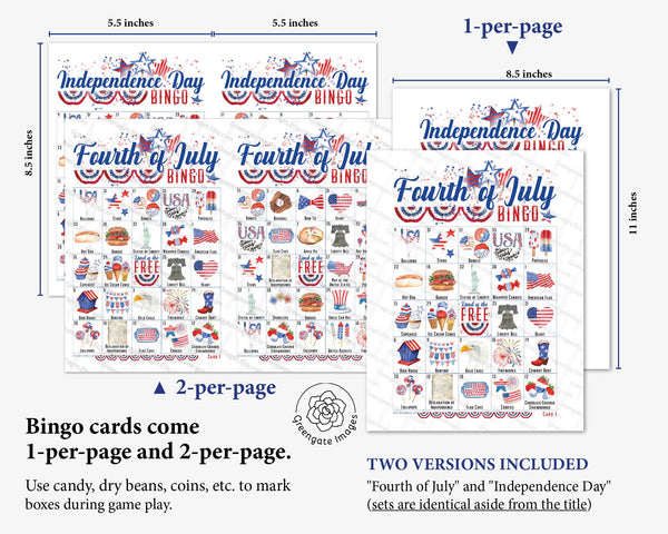 Fourth of July/Independence Day Bingo - 50 PRINTABLE unique cards. Instant digital download PDF. Fun activity for 4th of July celebration.