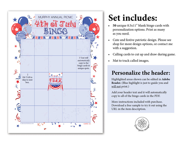 FILLABLE Patriotic Bingo Template - Printable Digital Download by Greengate Images