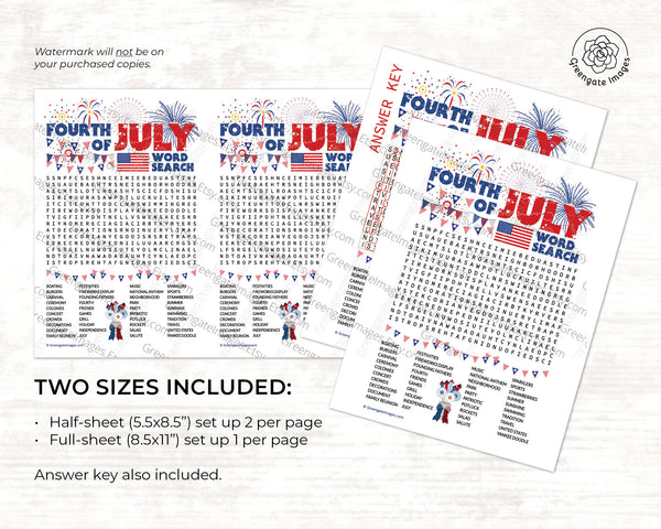 Fourth of July Word Search - Printable Digital Download by Greengate Images