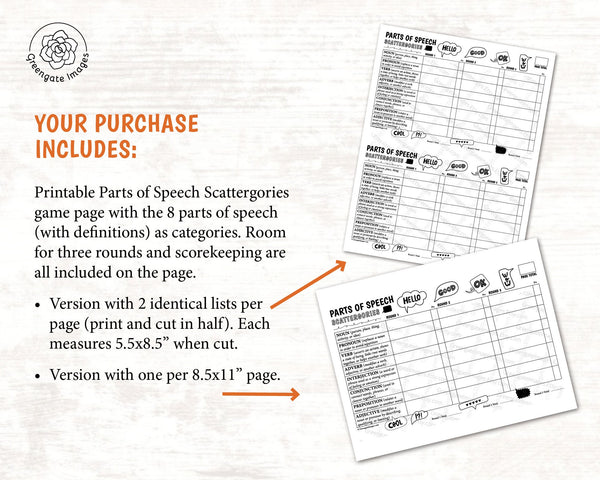 Parts of Speech Scattergories - Printable Digital Download by Greengate Images