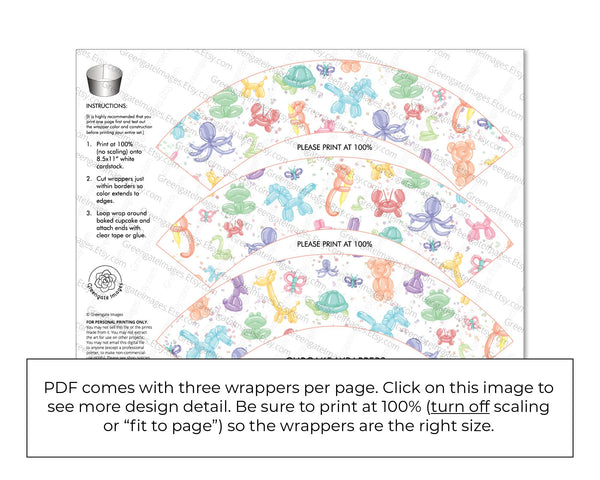 Balloon Animal Cupcake Wrappers - Printable Digital Download by Greengate Images