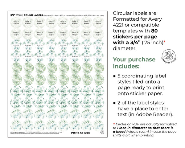 3/4 inch Fern/Eucalyptus Candy Circles - Printable Digital Download by Greengate Images