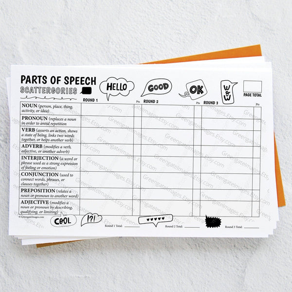 Parts of Speech Scattergories - Printable Digital Download by Greengate Images