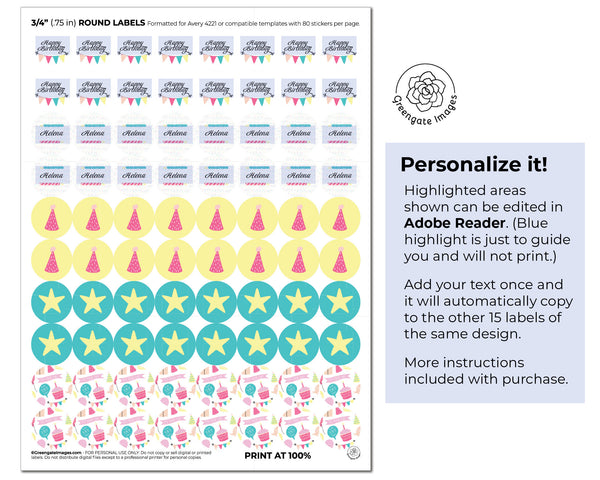 3/4 inch Birthday Candy Circles - PRINTABLE/fillable PDF download for sticking dots seals onto Kisses, Hugs, Rolos, Mini Peanut Butter Cups