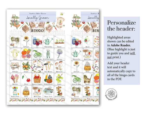 Locally Grown/Farmer's Market Baby Bingo - Printable Digital Download by Greengate Images