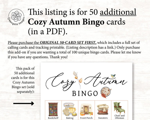ADD-ON: 50 additional Cozy Autumn Bingo cards (numbered 51-100) to go with the original game that is sold separately