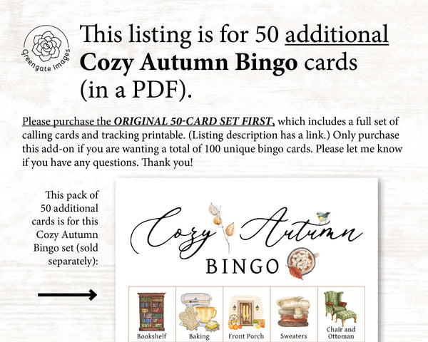 ADD-ON: 50 additional Cozy Autumn Bingo cards - Printable Digital Download by Greengate Images