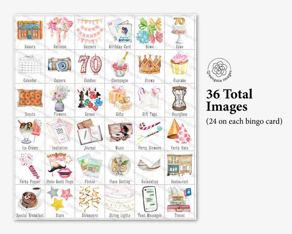70th Birthday Bingo - 50 PRINTABLE unique cards. Instant digital download PDF. Blush, rose pink tones with watercolor art. Woman's birthday.