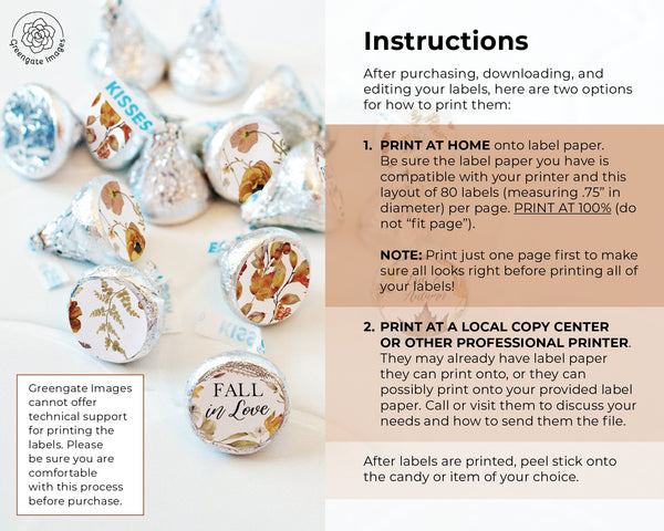 3/4" Fall in Love Candy Circles - Botanical - Printable Digital Download by Greengate Images