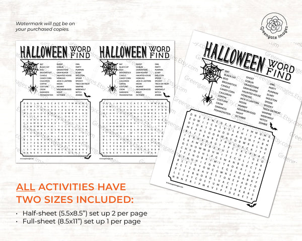 Halloween Word Game Bundle - PRINTABLE instant digital download PDFs. Word search, unscramble, alphabet categories game, how many words pack