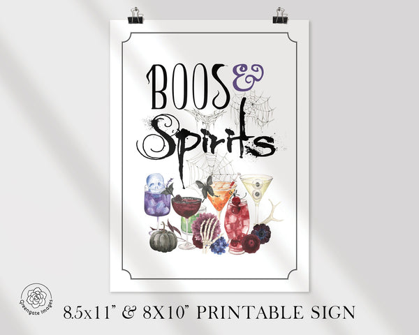 Boos & Spirits Halloween Sign - PRINTABLE 8.5x11" and 8x10" full color sign for bar, cocktails and alcohol serving table. Adult party decor.