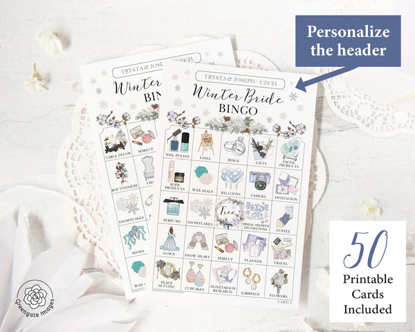 Winter Bridal Bingo Cards - PRINTABLE set w/50 unique cards. Instant download PDF. Personalize the header & title text using Adobe Reader.
