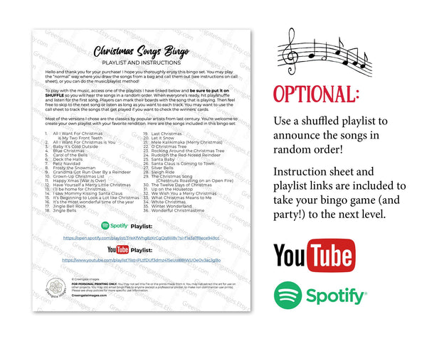 Christmas Song Bingo - 50 PRINTABLE unique cards. Instant download PDF. Fun musical activity for office parties, caroling, classroom, kids.
