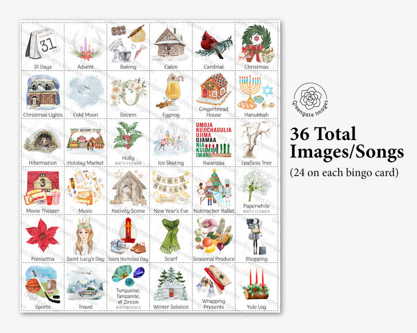 December Bingo - 50 PRINTABLE unique cards. Instant digital download PDF. Fun activity for winter babies, potlucks, holidays, homeschool.