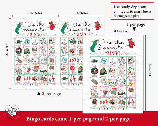 Tis the Season Christmas Bingo - 50 PRINTABLE unique cards. Instant download PDF. Advent countdown activity with fun Xmas bucket list items.