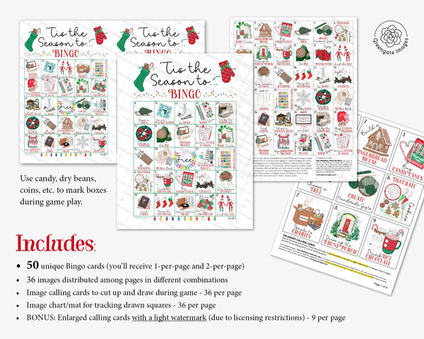 Tis the Season Christmas Bingo - 50 PRINTABLE unique cards. Instant download PDF. Advent countdown activity with fun Xmas bucket list items.