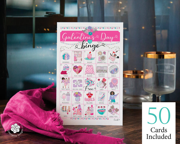 Galentine's Day Bingo - 50 PRINTABLE unique cards. Instant download PDF. Girlfriend brunch. Labeled numbered color pictures, bright colors.