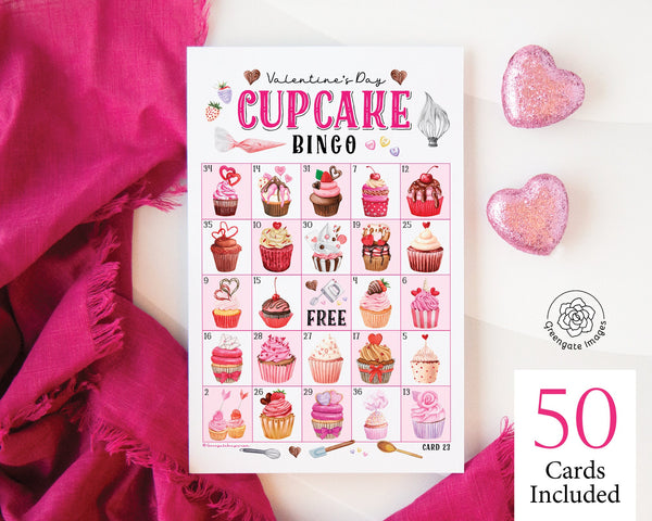 Valentine Cupcake Bingo - 50 PRINTABLE unique cards w/watercolor pictures and numbers. Digital download PDF. Galentine's Day party idea.